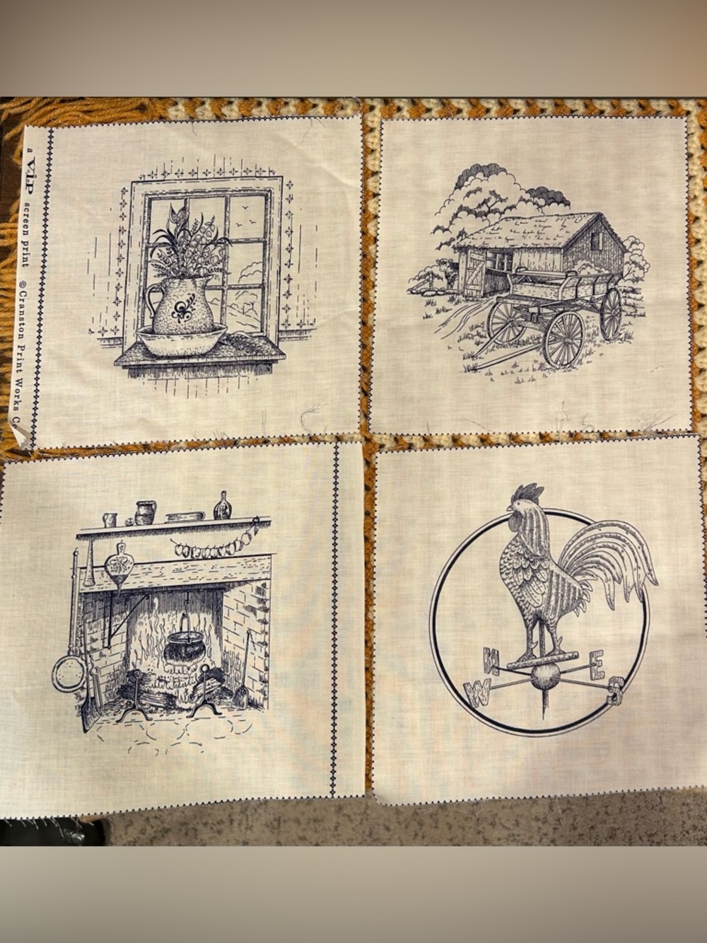 8.6" x 8.6" Vintage "Country Scene Picture Fabric Patches Blue